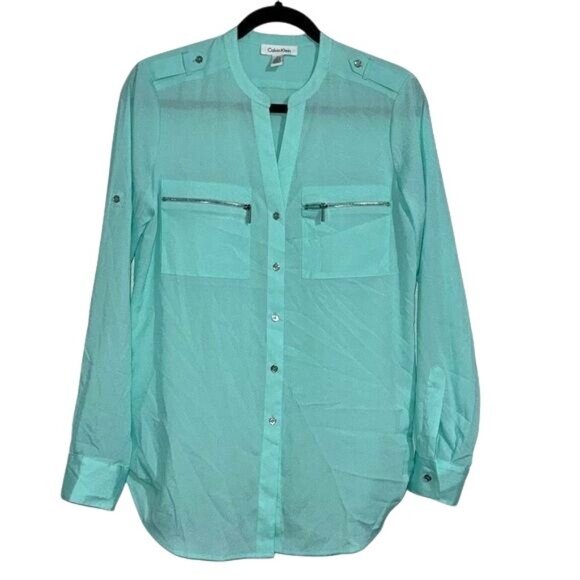 Calvin Klein Womens Long Sleeve Aqua Blouse Size S Polyester - Picture 1 of 10